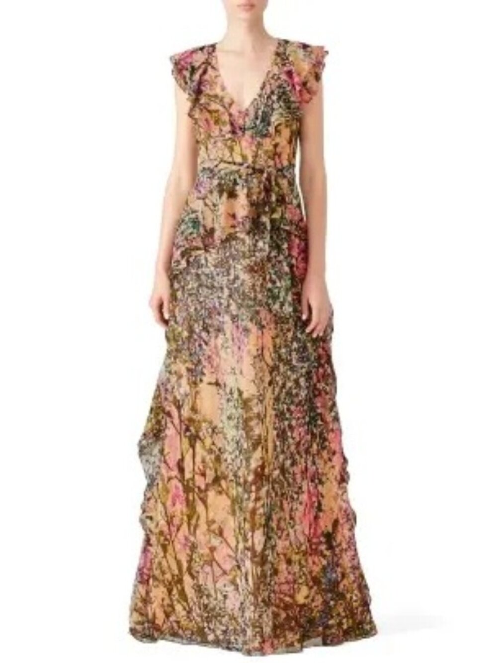 Badgley Mischka Peach and Pink Floral Ruffle Maxi Gown